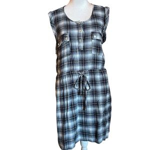 mi ami Mini Dress with Pockets, Drawstring Waist, Sleeveless, Blue & White Plaid